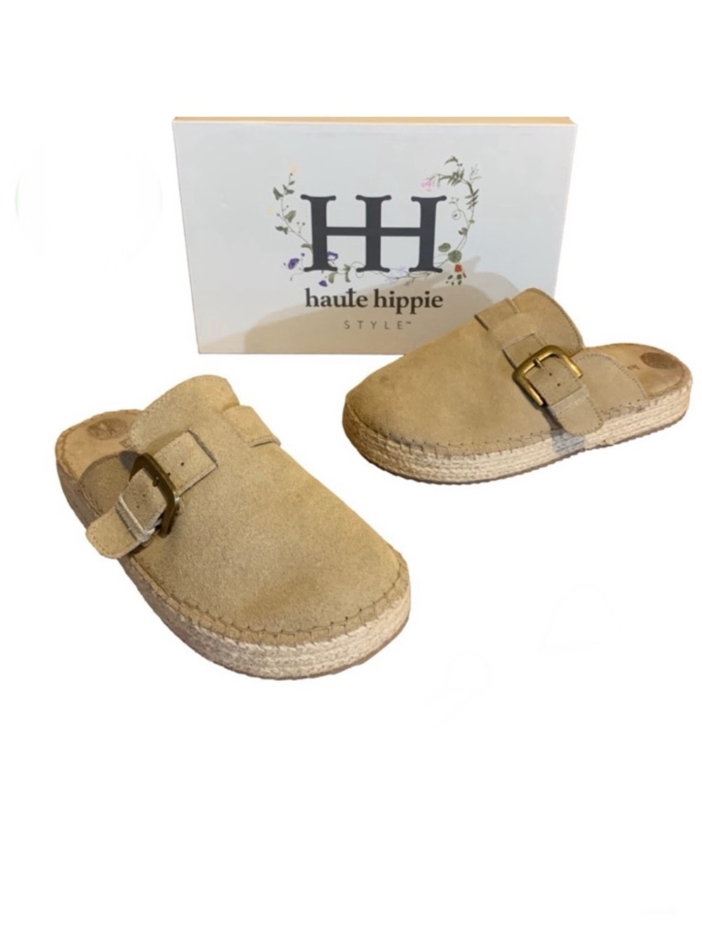HAUTE HIPPIE "BISCUIT" BEIGE "ARIA" SUEDE CLOGS WITH BOX (6)